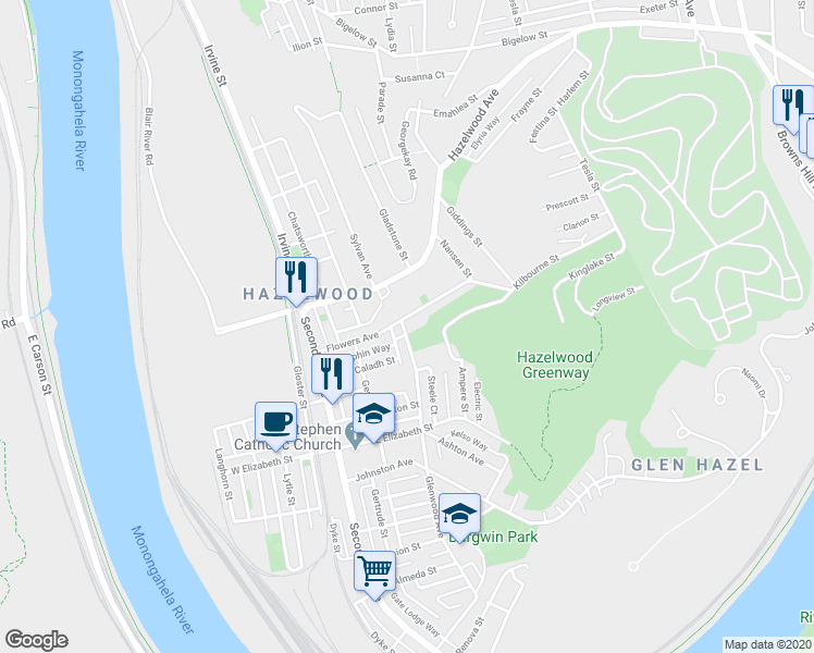 map of restaurants, bars, coffee shops, grocery stores, and more near 300 Flowers Avenue in Pittsburgh