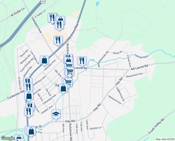 map of restaurants, bars, coffee shops, grocery stores, and more near 1137 Mount Laurel Road in Temple