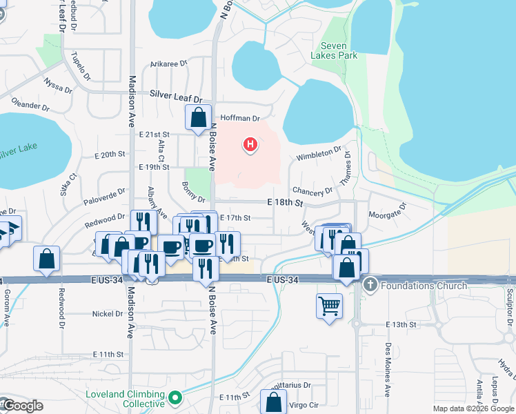 map of restaurants, bars, coffee shops, grocery stores, and more near 1805 East 18th Street in Loveland