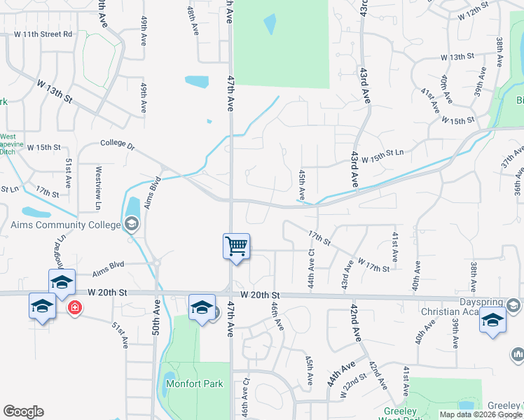 map of restaurants, bars, coffee shops, grocery stores, and more near 4521 Pioneer Lane in Greeley