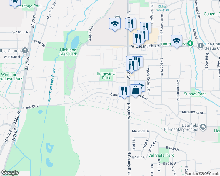 map of restaurants, bars, coffee shops, grocery stores, and more near 9839 Featherstone Drive in Highland