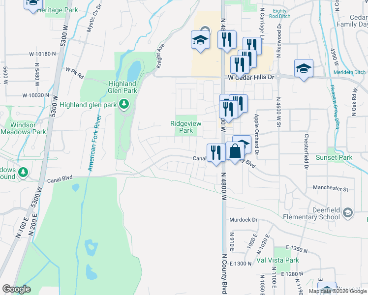 map of restaurants, bars, coffee shops, grocery stores, and more near 4948 Evergreen Lane in Highland