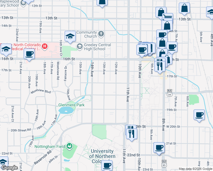 map of restaurants, bars, coffee shops, grocery stores, and more near 1800 13th Avenue in Greeley