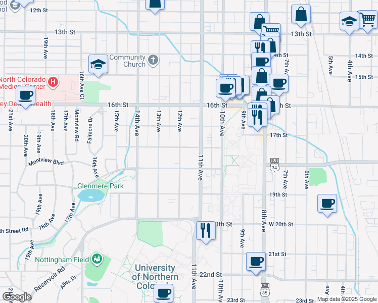 map of restaurants, bars, coffee shops, grocery stores, and more near 1727 11th Avenue in Greeley