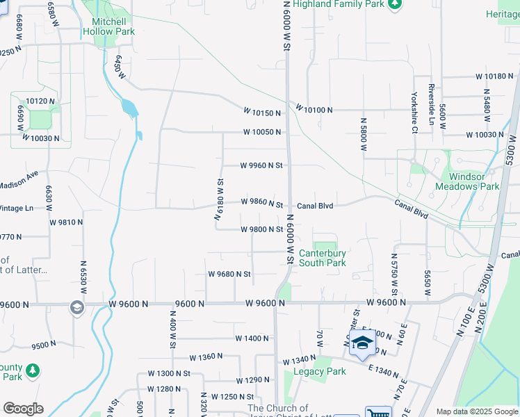 map of restaurants, bars, coffee shops, grocery stores, and more near 9870 North 6110 West Street in Highland