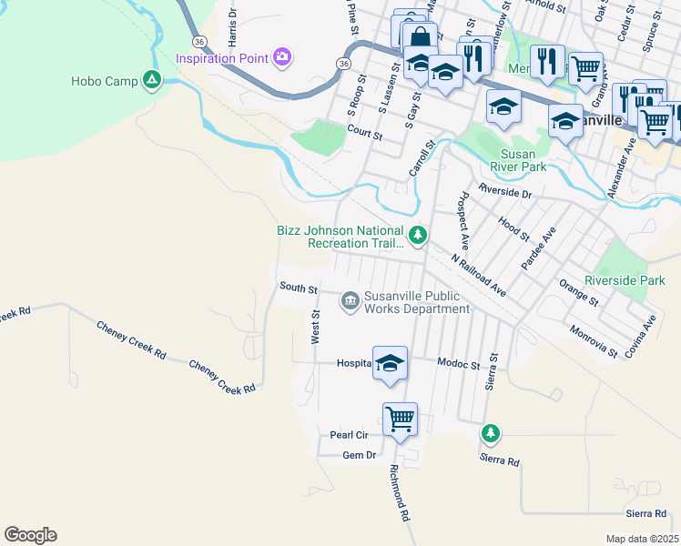 map of restaurants, bars, coffee shops, grocery stores, and more near 650 Cypress Street in Susanville