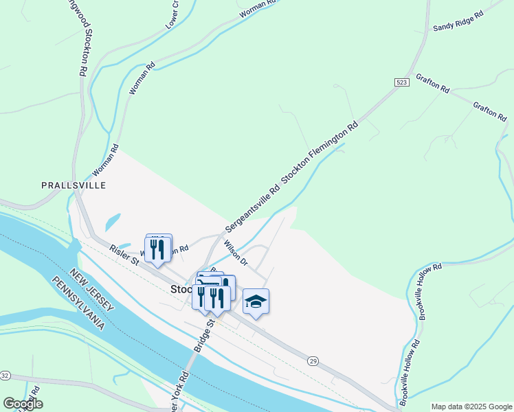 map of restaurants, bars, coffee shops, grocery stores, and more near 967 Sergeantsville Road in Stockton