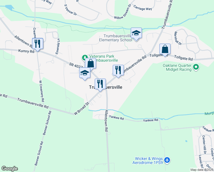 map of restaurants, bars, coffee shops, grocery stores, and more near 13 East Broad Street in Trumbauersville