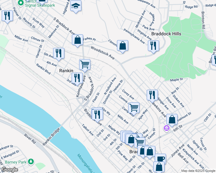 map of restaurants, bars, coffee shops, grocery stores, and more near 36 Hawkins Village in Rankin