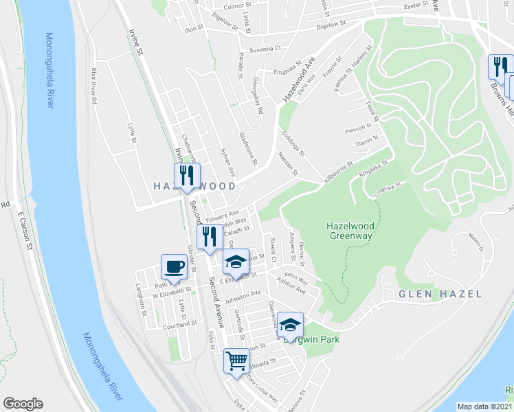 map of restaurants, bars, coffee shops, grocery stores, and more near 307 Flowers Avenue in Pittsburgh