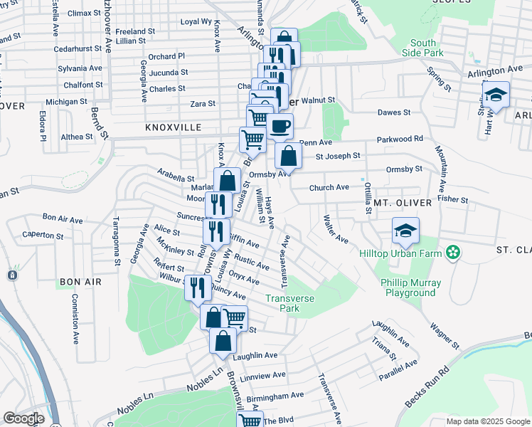 map of restaurants, bars, coffee shops, grocery stores, and more near 430 Hays Avenue in Pittsburgh