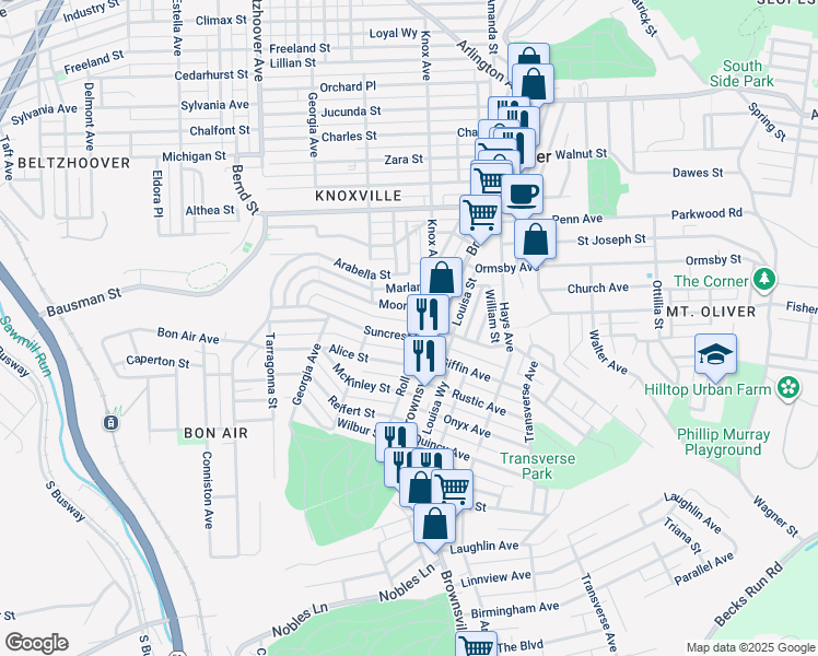 map of restaurants, bars, coffee shops, grocery stores, and more near 225 Moore Avenue in Pittsburgh
