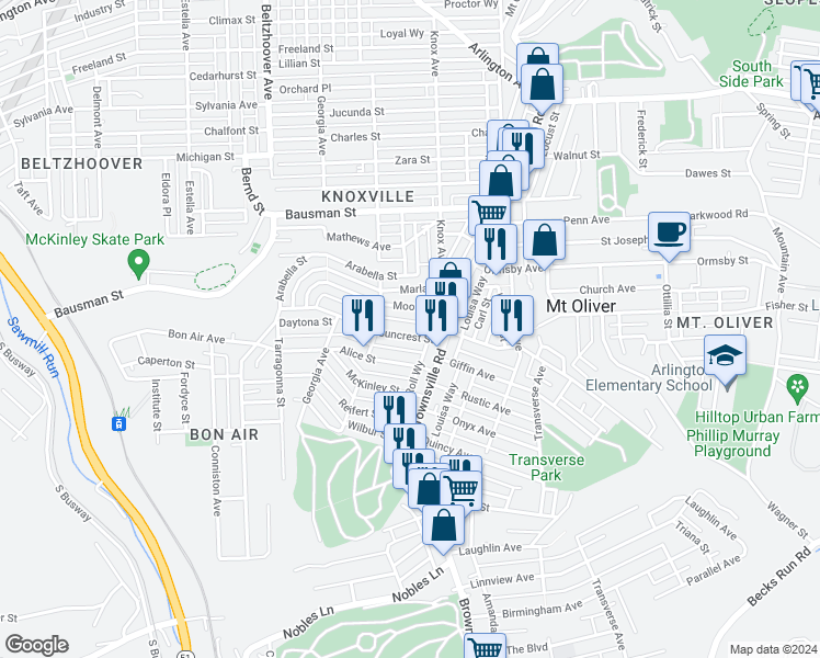 map of restaurants, bars, coffee shops, grocery stores, and more near 225 Moore Avenue in Pittsburgh