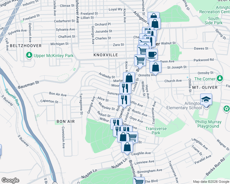 map of restaurants, bars, coffee shops, grocery stores, and more near 225 Moore Avenue in Pittsburgh
