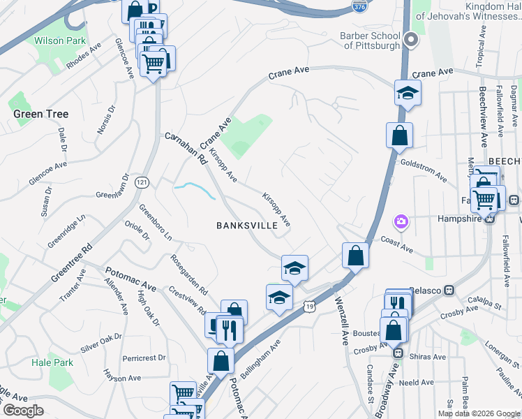map of restaurants, bars, coffee shops, grocery stores, and more near 1222 Kirsopp Avenue in Pittsburgh