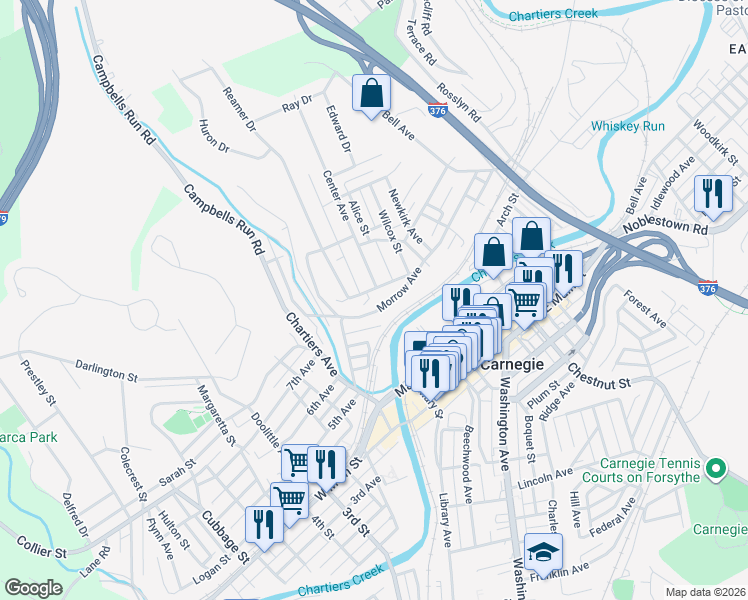 map of restaurants, bars, coffee shops, grocery stores, and more near 309 Center Avenue in Carnegie