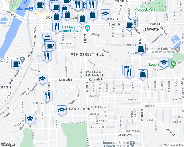 map of restaurants, bars, coffee shops, grocery stores, and more near 525 South 9th Street in Lafayette