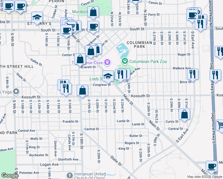 map of restaurants, bars, coffee shops, grocery stores, and more near 611 South 21st Street in Lafayette