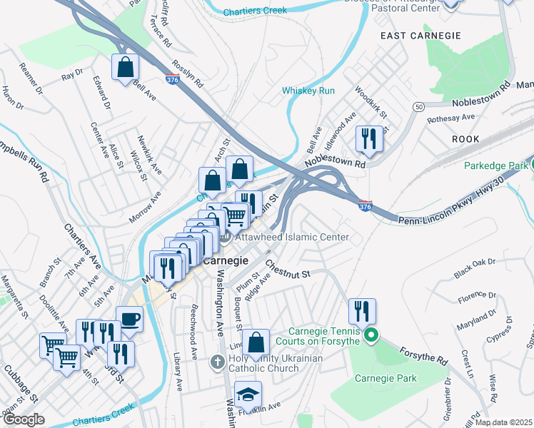 map of restaurants, bars, coffee shops, grocery stores, and more near 531 East Main Street in Carnegie