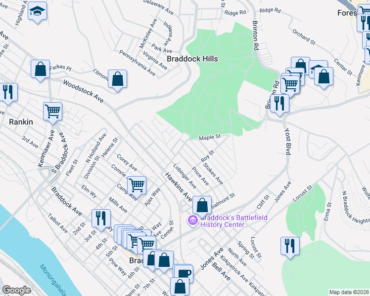 map of restaurants, bars, coffee shops, grocery stores, and more near 1106 4th Street in Braddock