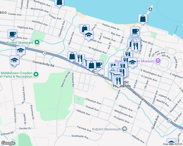map of restaurants, bars, coffee shops, grocery stores, and more near 981 New Jersey 36 in Atlantic Highlands