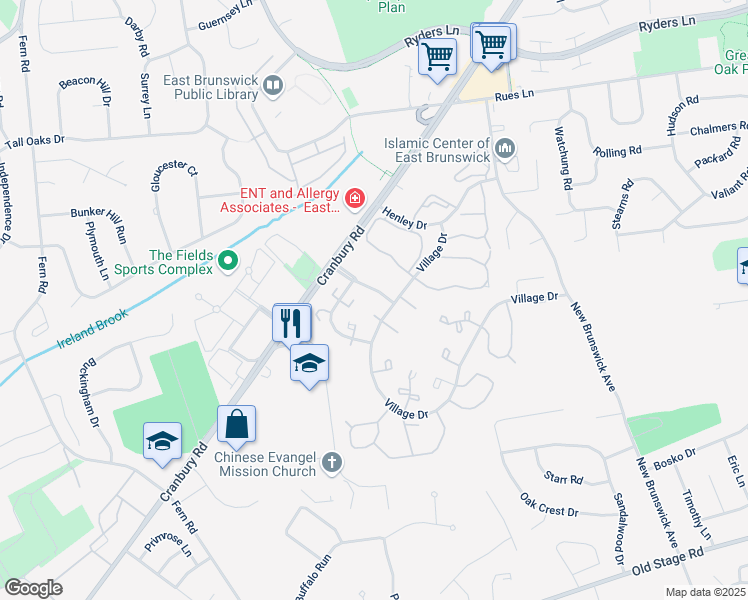 map of restaurants, bars, coffee shops, grocery stores, and more near 24 Lewis Court in East Brunswick