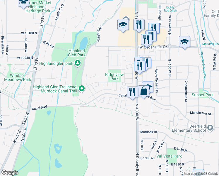map of restaurants, bars, coffee shops, grocery stores, and more near 4968 Evergreen Lane in Highland