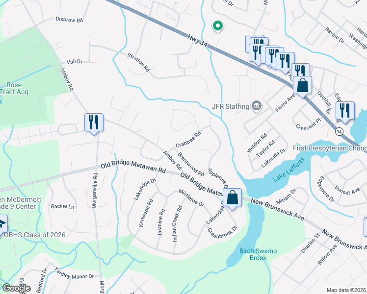 map of restaurants, bars, coffee shops, grocery stores, and more near 10 Crabtree Road in Matawan