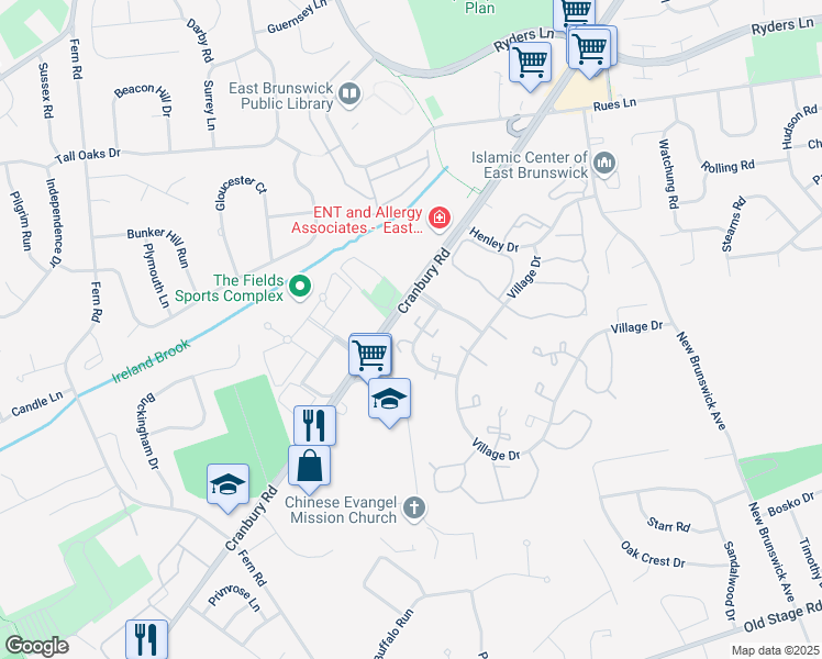 map of restaurants, bars, coffee shops, grocery stores, and more near 19 Clark Court in East Brunswick