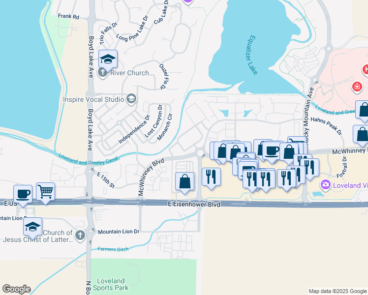 map of restaurants, bars, coffee shops, grocery stores, and more near 2003 Grays Peak Drive in Loveland