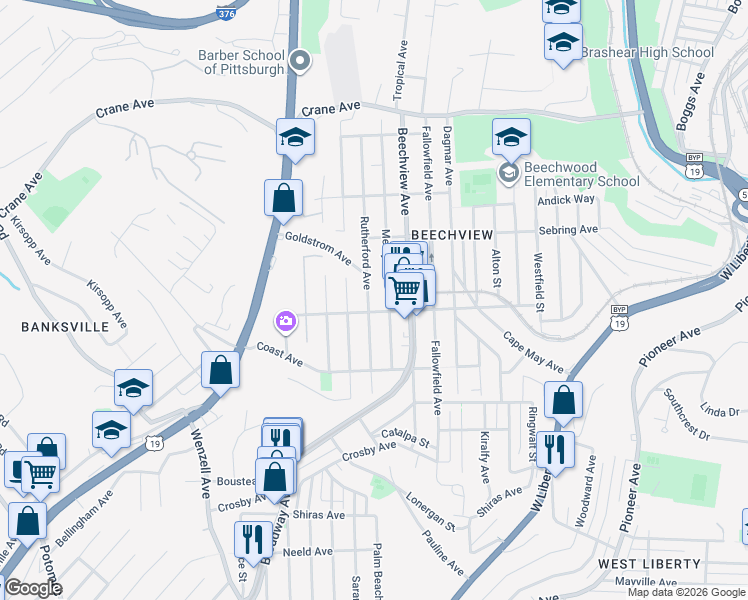 map of restaurants, bars, coffee shops, grocery stores, and more near 1533 Rutherford Avenue in Pittsburgh