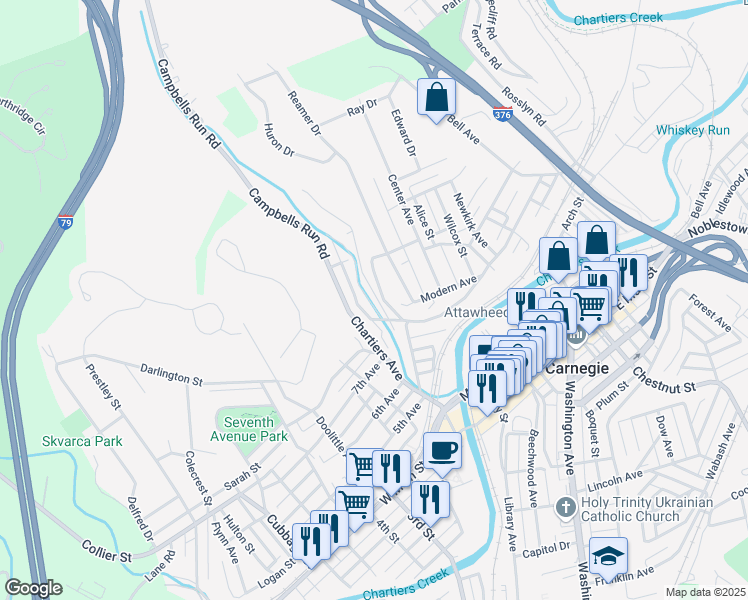map of restaurants, bars, coffee shops, grocery stores, and more near 49 Wagner Street in Carnegie