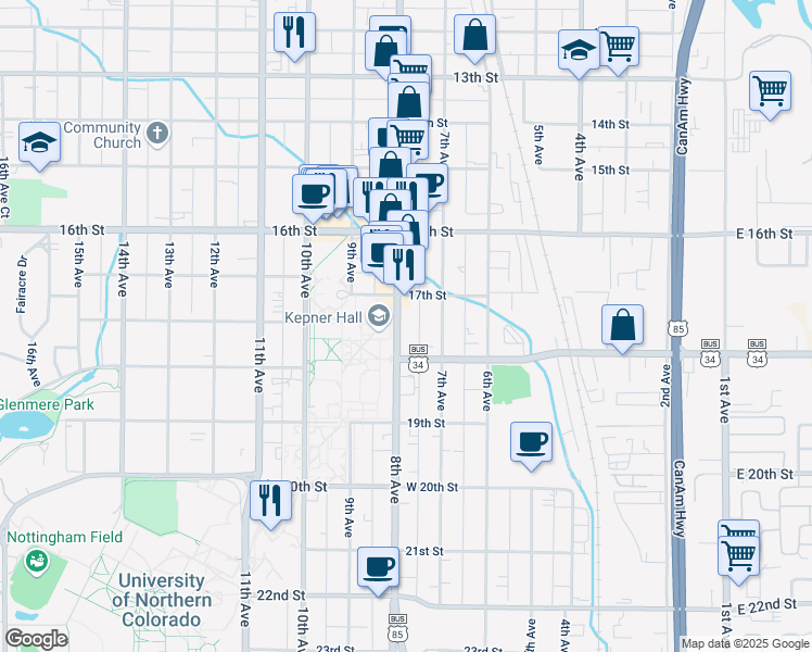 map of restaurants, bars, coffee shops, grocery stores, and more near 1722 8th Avenue in Greeley