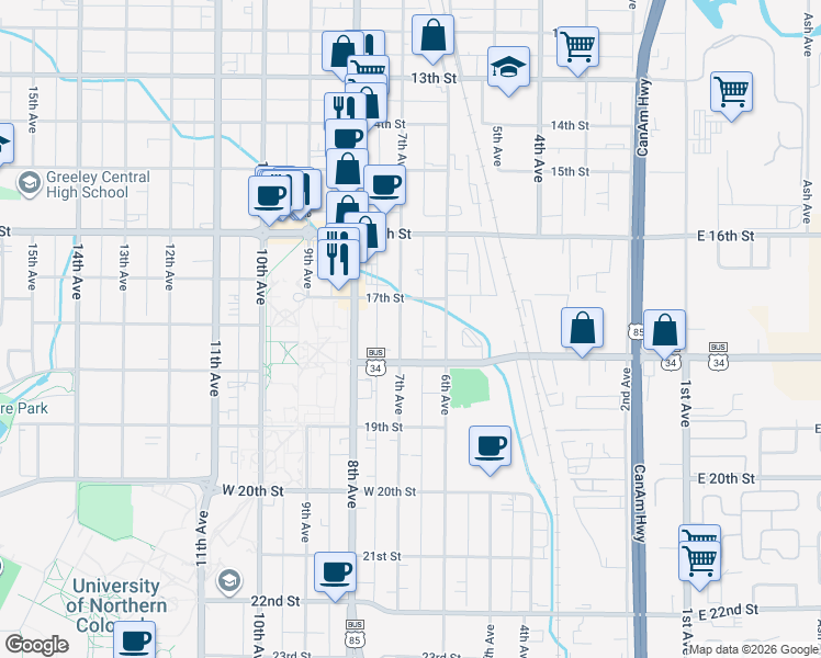 map of restaurants, bars, coffee shops, grocery stores, and more near 1722 7th Avenue in Greeley