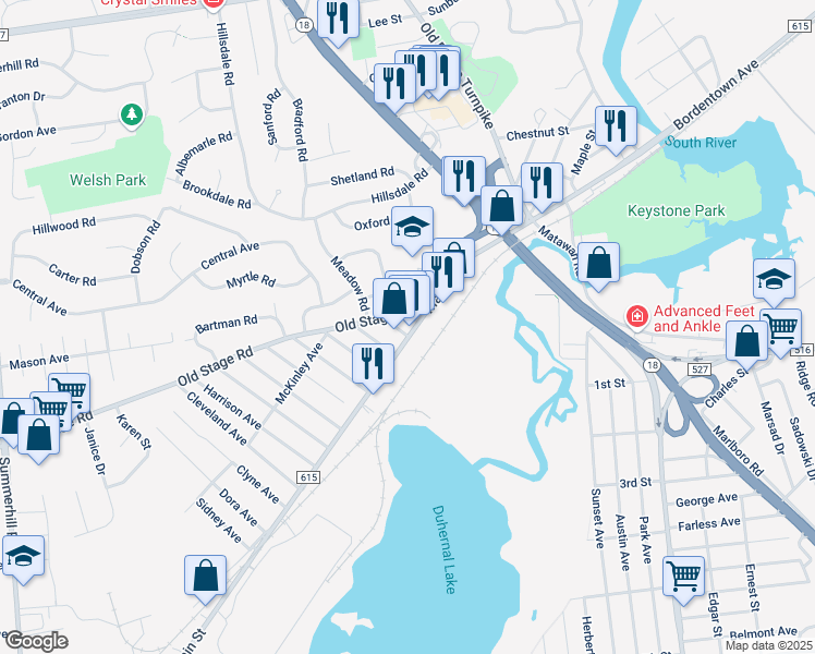 map of restaurants, bars, coffee shops, grocery stores, and more near 98 Main Street in East Brunswick