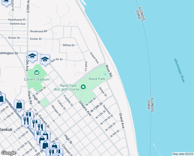 map of restaurants, bars, coffee shops, grocery stores, and more near 1401 Stripe Street in Keokuk