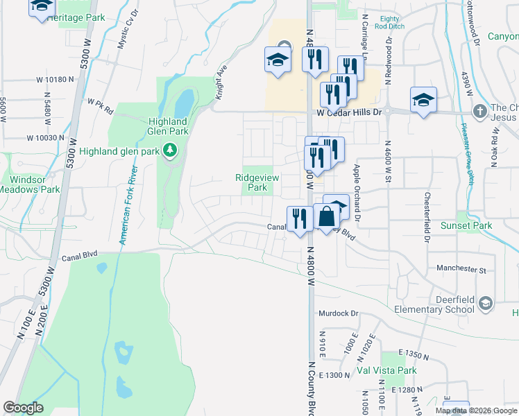 map of restaurants, bars, coffee shops, grocery stores, and more near 1877 North 4800 West in Highland
