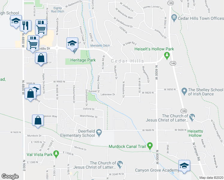 map of restaurants, bars, coffee shops, grocery stores, and more near 9834 Manila Circle in Cedar Hills