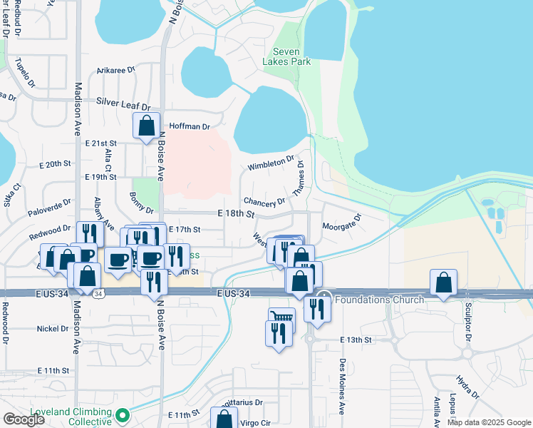 map of restaurants, bars, coffee shops, grocery stores, and more near 1816 Cambridge Court in Loveland