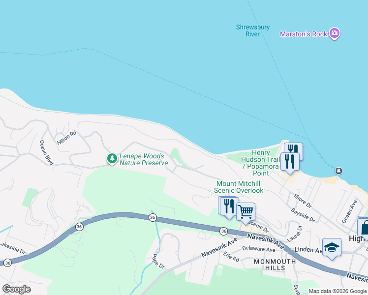 map of restaurants, bars, coffee shops, grocery stores, and more near 82 Bayside Drive in Atlantic Highlands