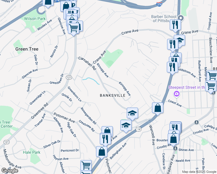 map of restaurants, bars, coffee shops, grocery stores, and more near 934 Kirsopp Avenue in Pittsburgh