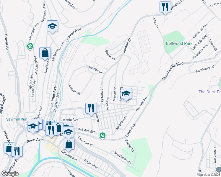 map of restaurants, bars, coffee shops, grocery stores, and more near 625 George Street in Turtle Creek