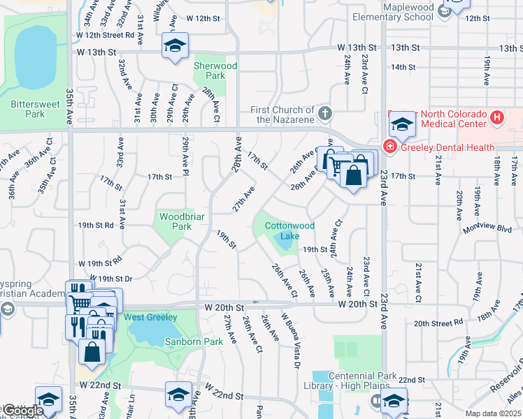 map of restaurants, bars, coffee shops, grocery stores, and more near 1801 26th Avenue in Greeley