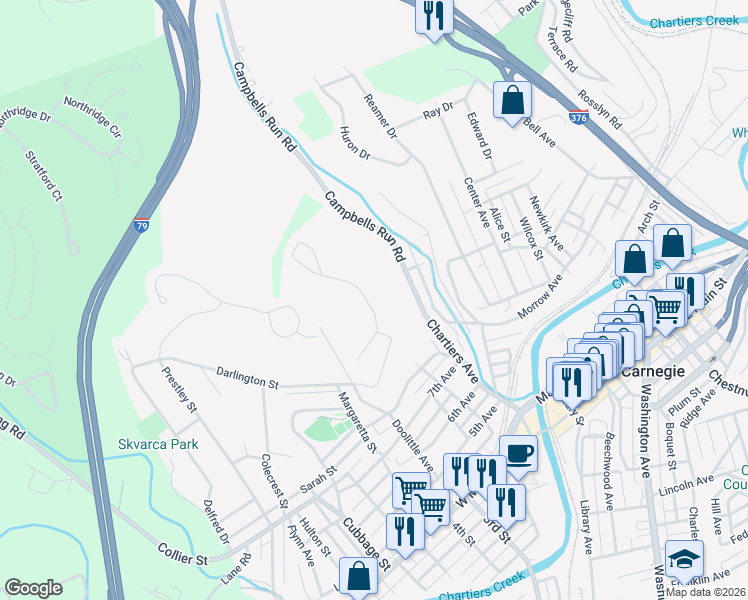 map of restaurants, bars, coffee shops, grocery stores, and more near 375 Sunrise Drive in Carnegie