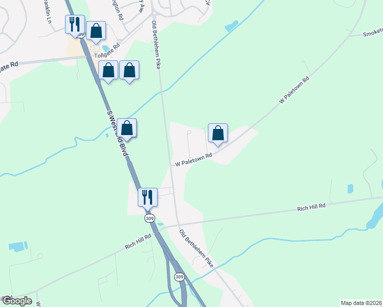 map of restaurants, bars, coffee shops, grocery stores, and more near 474 West Paletown Road in Quakertown