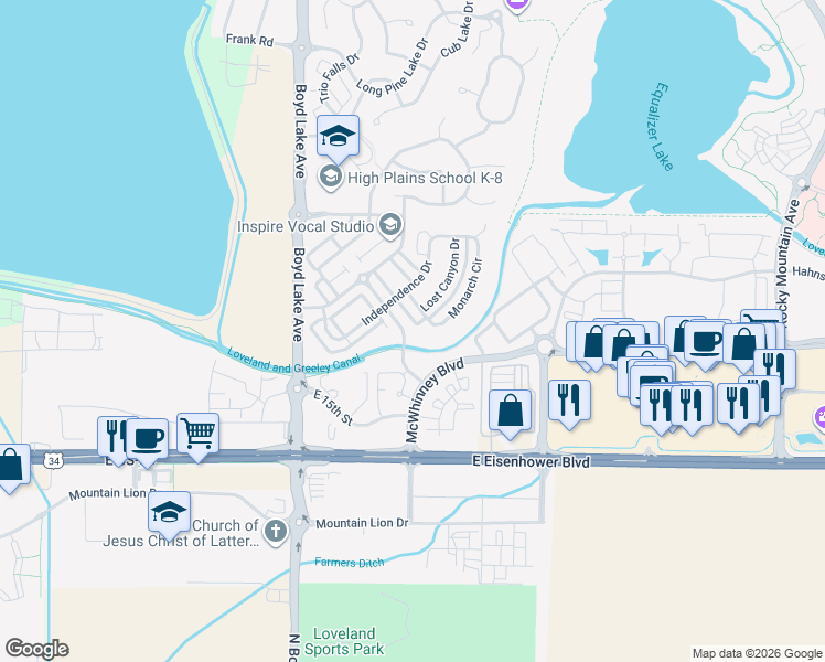 map of restaurants, bars, coffee shops, grocery stores, and more near 1854 Piney River Drive in Loveland