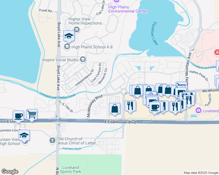 map of restaurants, bars, coffee shops, grocery stores, and more near 1869 Grays Peak Drive in Loveland