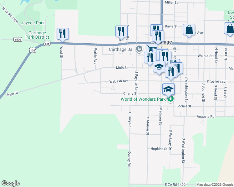 map of restaurants, bars, coffee shops, grocery stores, and more near 201 Cherry Street in Carthage