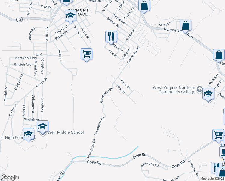 map of restaurants, bars, coffee shops, grocery stores, and more near 102 Pine Street in Weirton