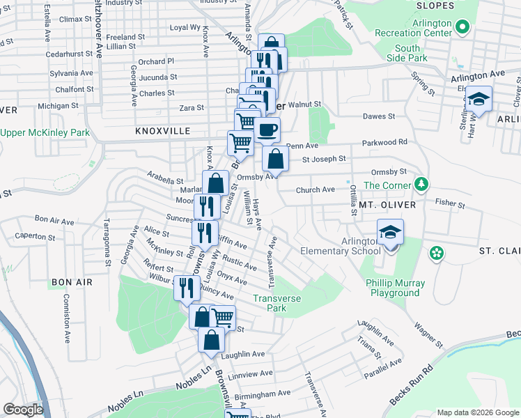 map of restaurants, bars, coffee shops, grocery stores, and more near 430 Hays Avenue in Pittsburgh